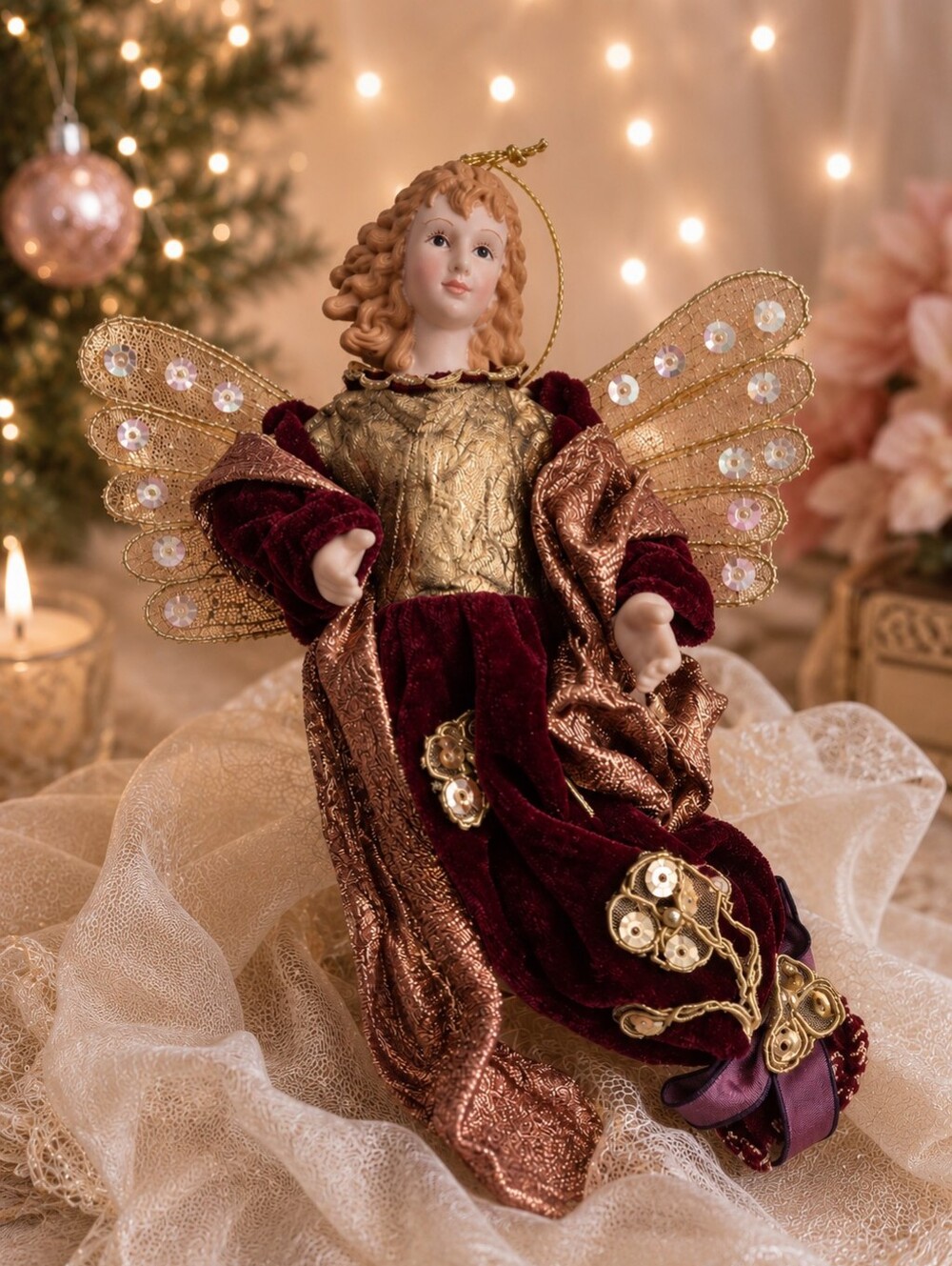 Vintage Burgundy Velvet Angel Tree Topper Victorian Christmas Decor Gold Wings